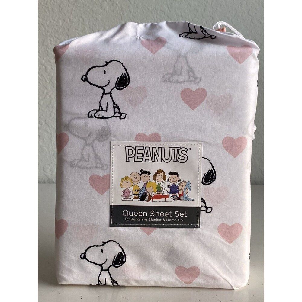 4 Pc Peanuts Snoopy Pink Hearts Valentines Day QUEEN Size Sheet‎ Set Soft NEW